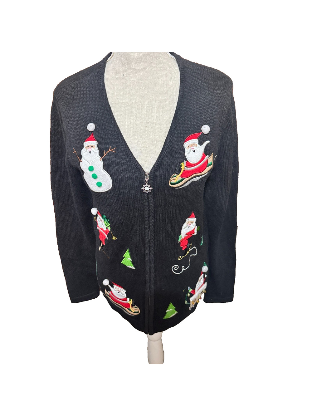 VTG Bechamel Black Christmas sweater cardigan Santa Claus embroidered full zip M